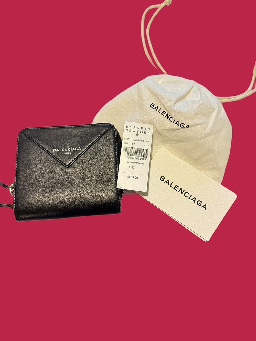 NWT BALENCIAGA little black leather zip around
leather wallet; w/ cards & duster